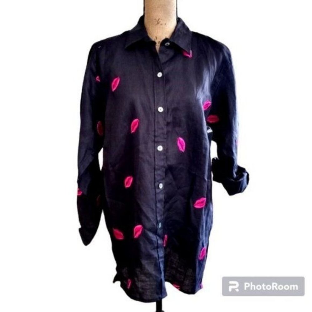 VTG Linen Black Hot Pink Lip Print Top (M)
